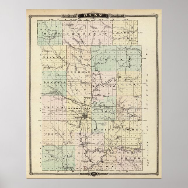 Karta i Dunn County, delstaten Wisconsin Poster (Framsidan)