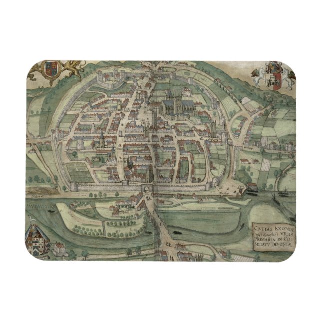 Karta i Exeter, från "Civitates Orbis Terrarum" av Magnet (Horisontell)