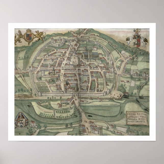 Karta i Exeter, från "Civitates Orbis Terrarum" av Poster (Framsidan)