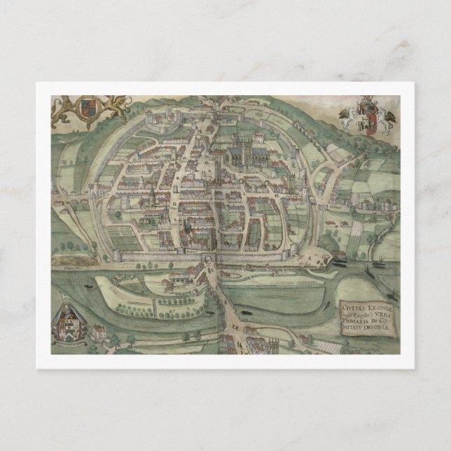 Karta i Exeter, från "Civitates Orbis Terrarum" av Vykort (Framsida)