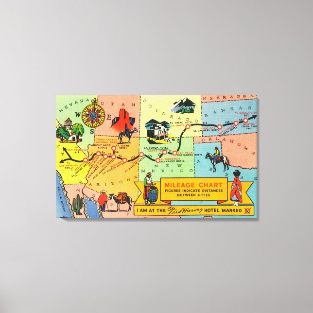 Karta i Fred Harvey Hotel LocationsCA till KS Canvastryck (Framsida)