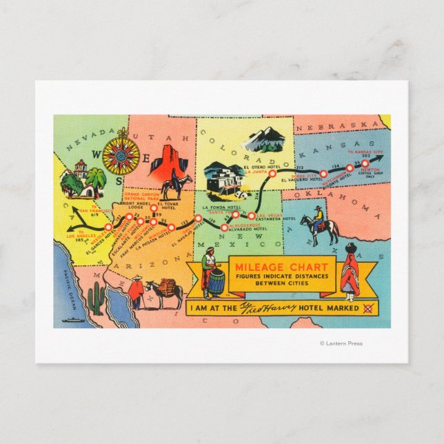 Karta i Fred Harvey Hotel LocationsCA till KS Vykort (Framsida)