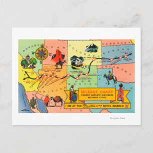 Karta i Fred Harvey Hotel LocationsCA till KS Vykort
