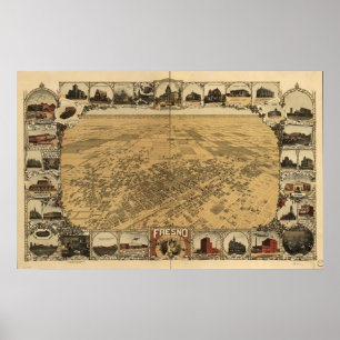 Karta i Fresno, Birds-Öga View, 1901 Poster