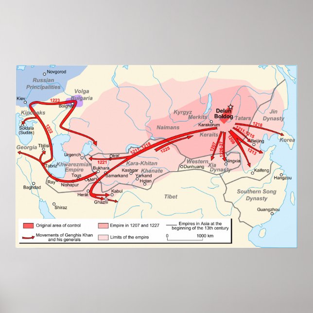 Karta i Genghis Khan Empire på 1300-talet Poster (Framsidan)