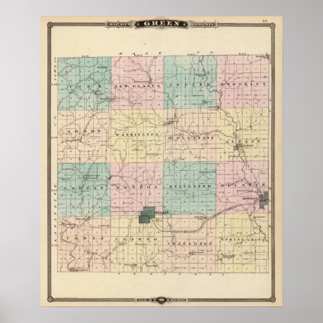 Karta i Grönt County, delstaten Wisconsin Poster (Framsidan)