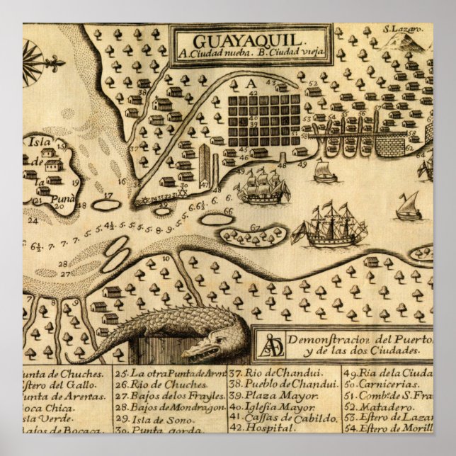 Karta i Guayaquil, Ecuador (1741) Poster (Framsidan)