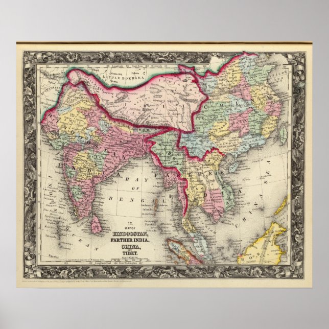 Karta i Hindoostan, Farther India, China och Tibet Poster (Framsidan)