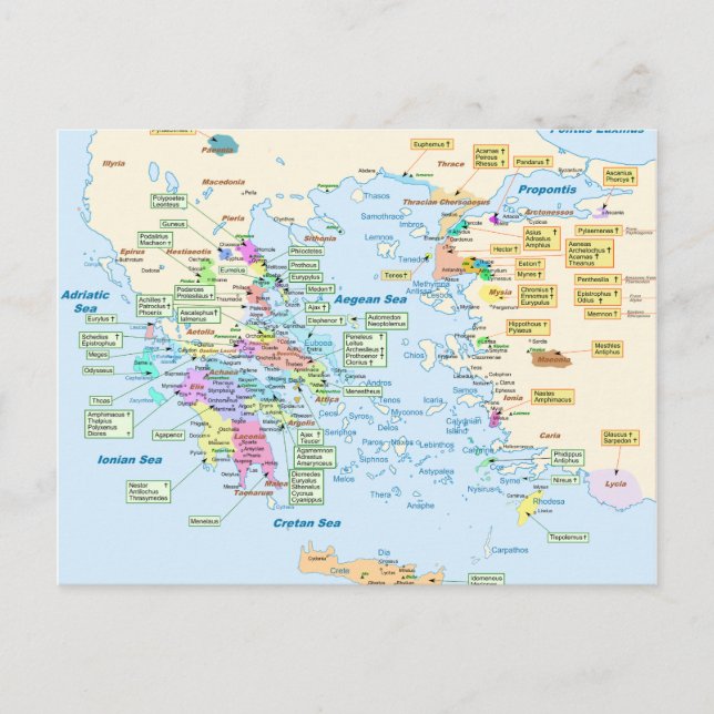 Karta i Homeric Era Greece med engelska etiketter Vykort (Framsida)