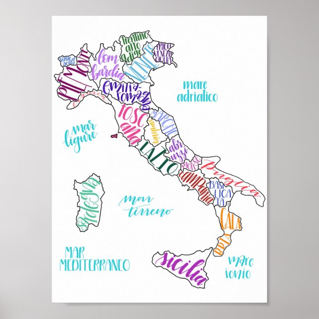Karta i Italien med regionerna Poster (Framsidan)