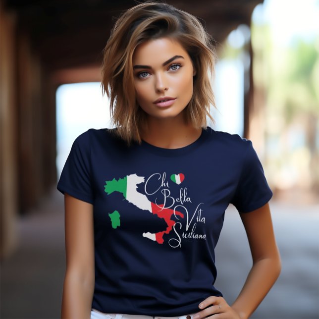 Karta i Italien Sicilian Sayed Elegant Script T Shirt (Chi Bella Vita Siciliana (dialect for "What a Beautiful Sicilian Life") Navy Tee)