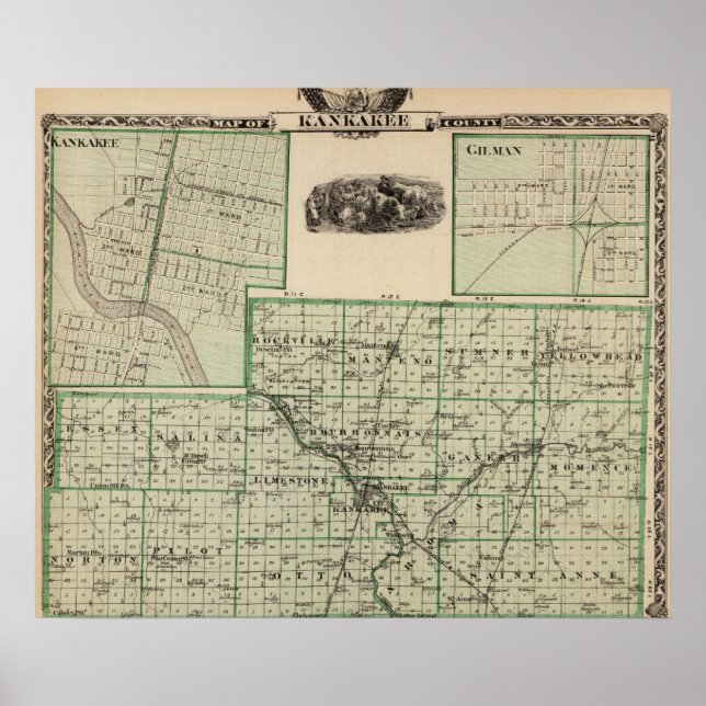 Karta i Kankakee County, Kankakee och Gilman Poster (Framsidan)