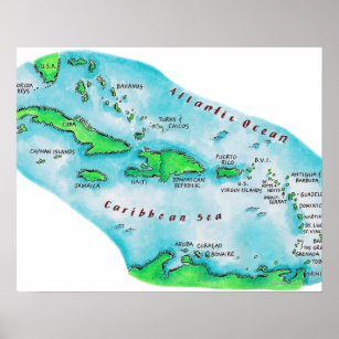 Karta i Karibiska öarna Poster