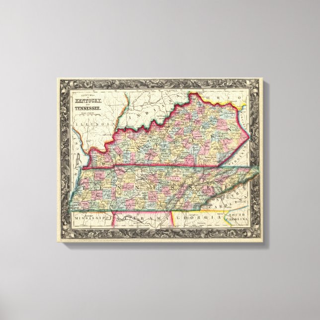 Karta i Kentucky, och Tennessee Canvastryck (Framsida)