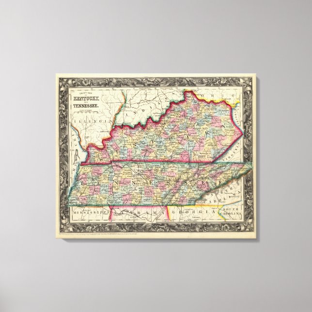 Karta i Kentucky, och Tennessee Canvastryck (Framsida)
