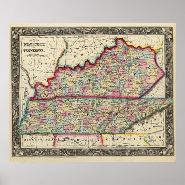 Karta i Kentucky, och Tennessee Poster (Framsidan)
