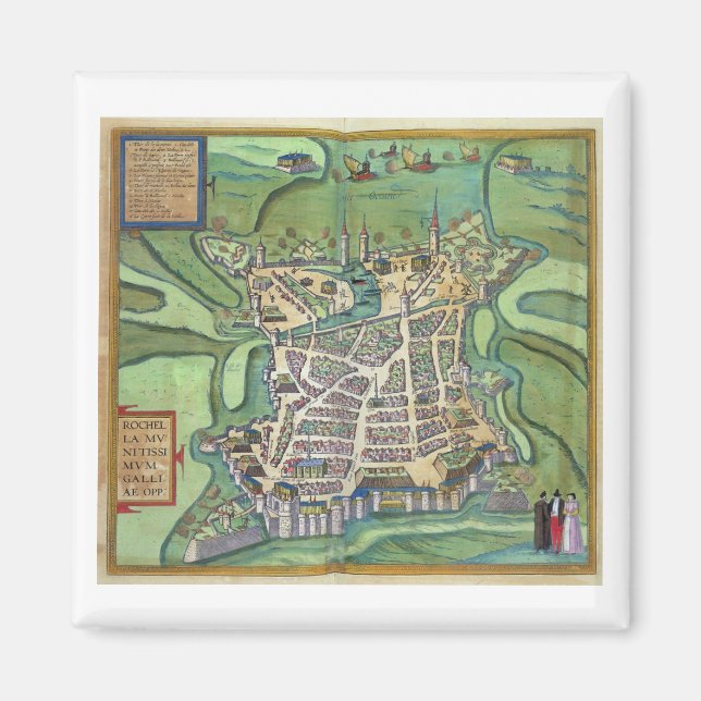 Karta i La Rochelle från Civitates Orbis Terrarum Magnet (Framsidan)