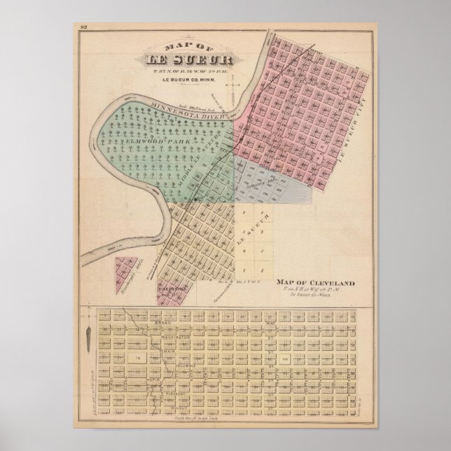 Karta i Le Sueur, Karta i Cleveland, Minnesota Poster (Framsidan)