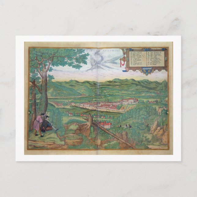 Karta i Linz, från "Civitates Orbis Terrarum" av G Vykort (Framsida)