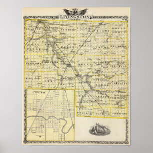 Karta i Livingston County och Pontiac Poster