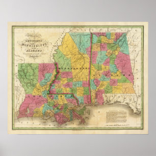 Karta i Louisiana Mississippi och Alabama Poster