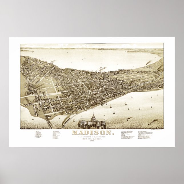 Karta i Madison, Wisconsin från 1885 Poster (Framsidan)