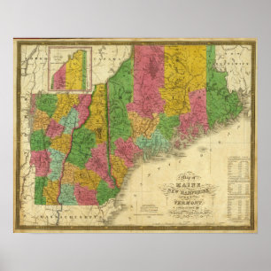 Karta i Maine, New Hampshire och Vermont Poster