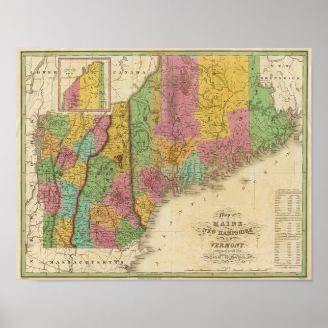 Karta i Maine New Hampshire och Vermont Poster (Framsidan)