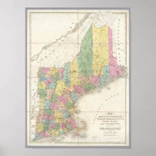 Karta i Maine, New Hampshire, Vermont Poster