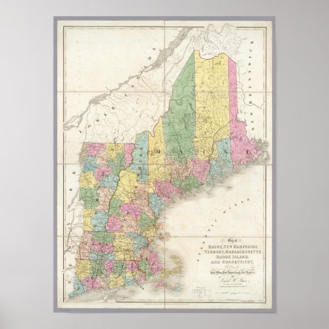 Karta i Maine, New Hampshire, Vermont Poster (Framsidan)