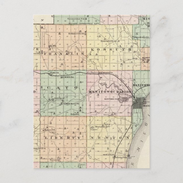 Karta i Manitowoc County, delstaten Wisconsin Vykort (Framsida)