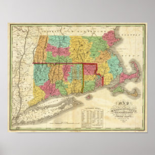 Karta i Massachusetts Connecticut och Rhode island Poster