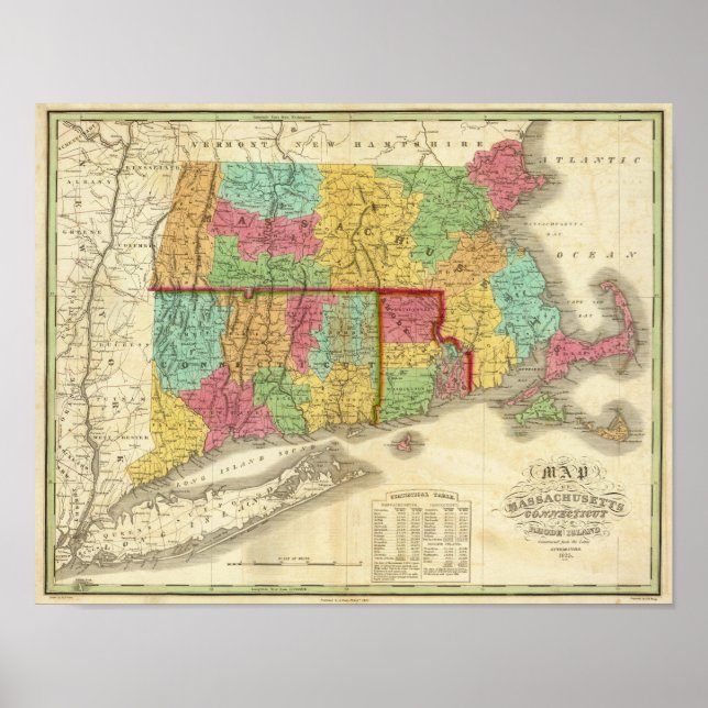 Karta i Massachusetts Connecticut och Rhode island Poster (Framsidan)