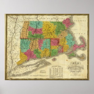 Karta i Massachusetts och Connecticut Poster