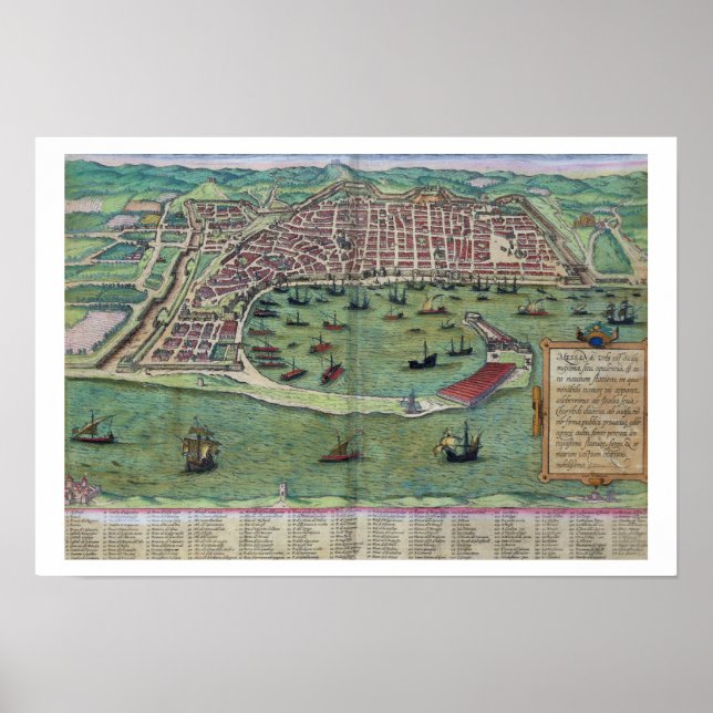 Karta i Messina, från "Civitates Orbis Terrarum" a Poster (Framsidan)