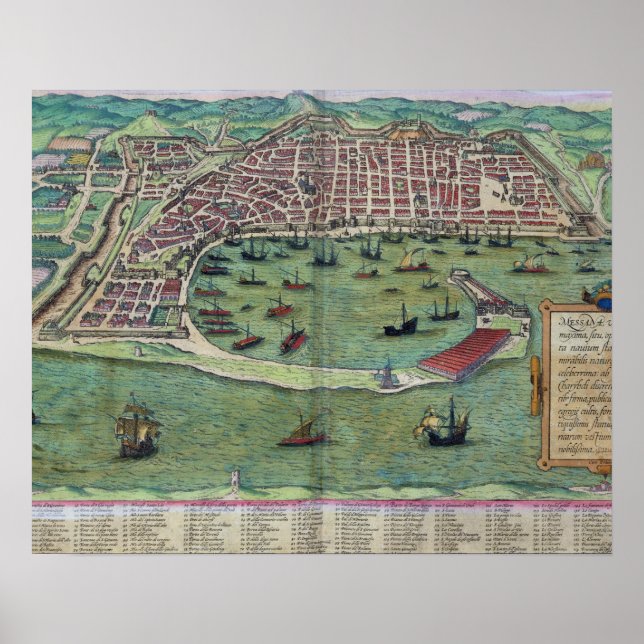Karta i Messina, från "Civitates Orbis Terrarum" a Poster (Framsidan)