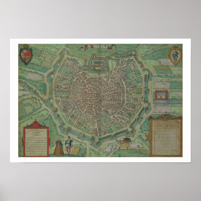 Karta i Milano, från "Civitates Orbis Terrarum" av Poster (Framsidan)