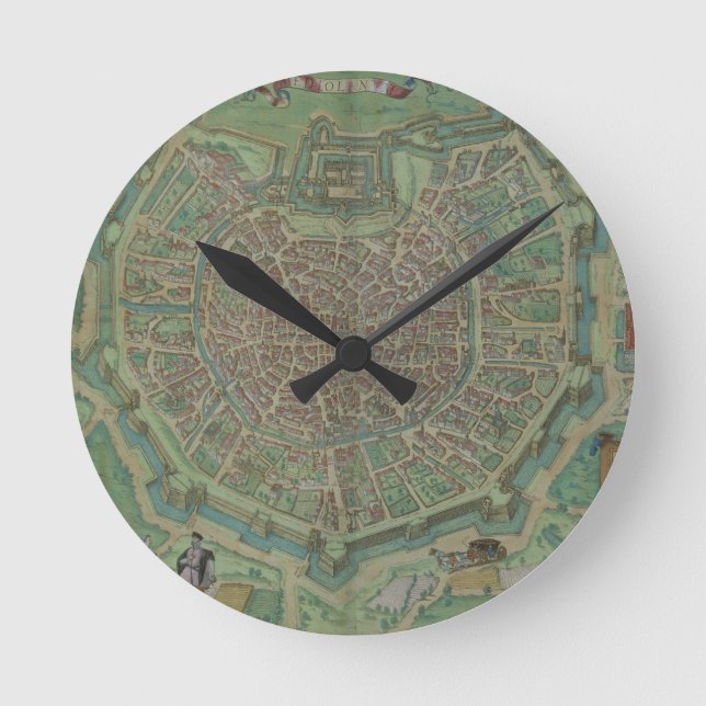 Karta i Milano, från "Civitates Orbis Terrarum" av Rund Klocka (Framsida)