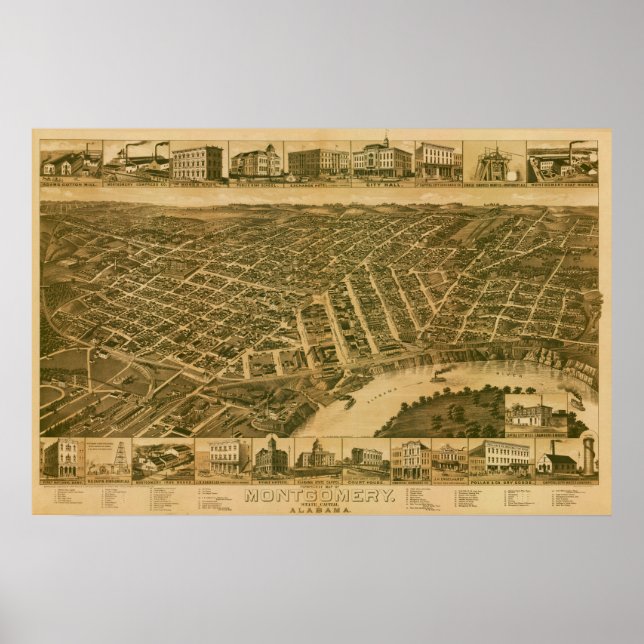 Karta i Montgomery, huvudstad i Alabama (1887) Poster (Framsidan)