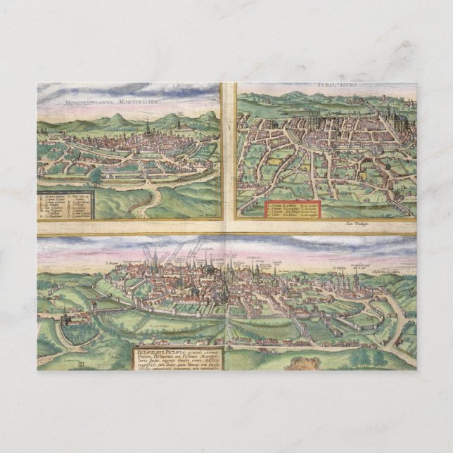 Karta i Montpellier, Tours och Poitiers, från "Civ Vykort (Framsida)