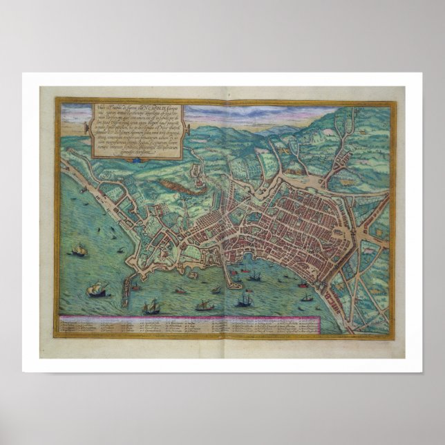 Karta i Neapel från Civitates Orbis Terrarum av Poster (Framsidan)