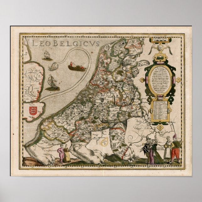 Karta i Nederländerna 1617 - Leo Belgicus Poster (Framsidan)