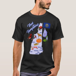 Karta i New Hampshire State Landmarks Major Cities T Shirt