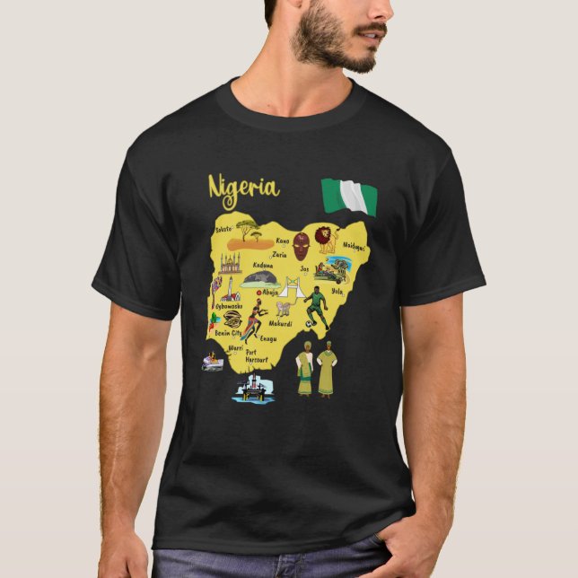 Karta i Nigeria Landmarks symboler större städer f T Shirt (Framsida)