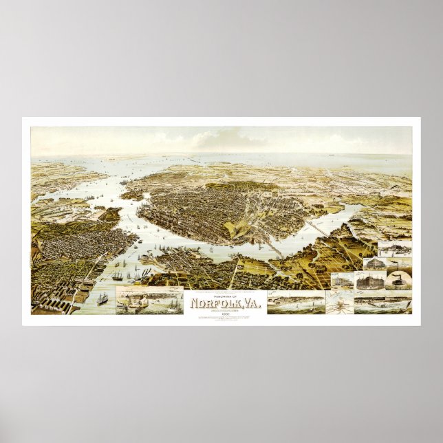 Karta i Norfolk, VA och omgivande områden 1892. Poster (Framsidan)