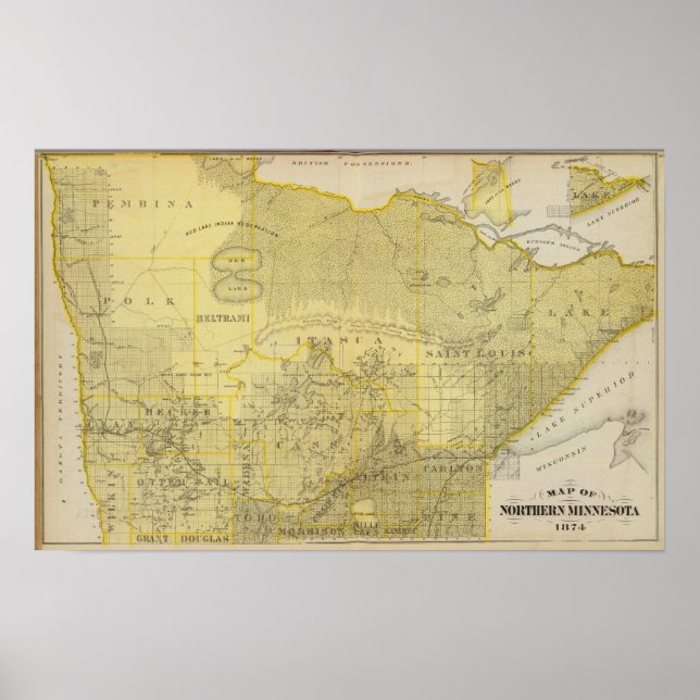 Karta i norra Minnesota, 1874 Poster (Framsidan)