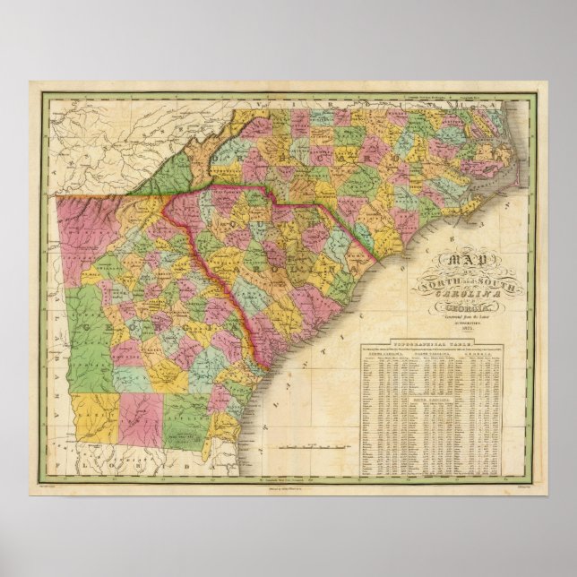 Karta i North and South Carolina and Georgia Poster (Framsidan)
