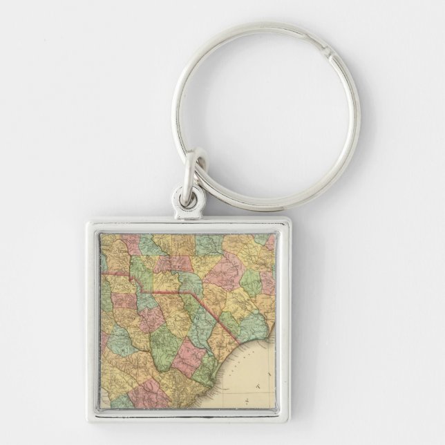 Karta i North South Carolina Fyrkantig Silverfärgad Nyckelring (Framsidan)