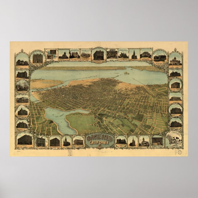Karta i Oakland, Birds-Öga View, 1900 Poster (Framsidan)