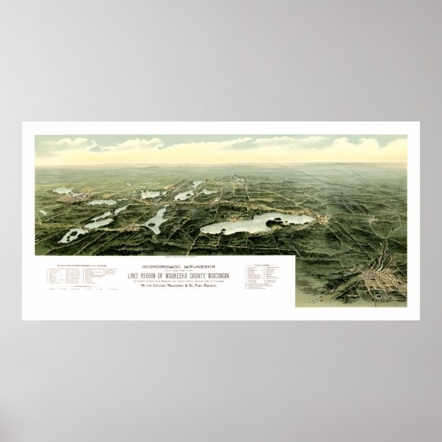 Karta i Oconomowoc och Waukesha Wisconsin 1890 Poster (Framsidan)